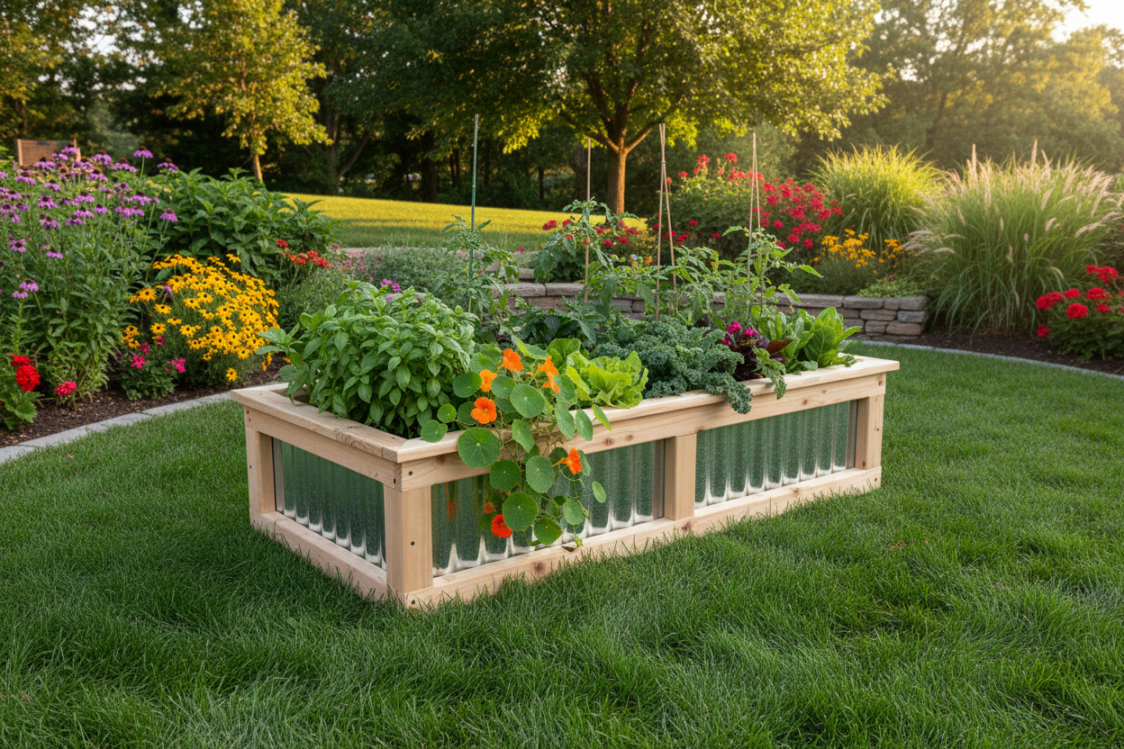 Landscaped yard with cedar and metal garden box